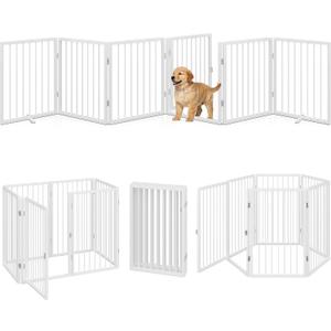 Vantas Folding No-Assembly Metal Pet Gate 120" Wide, 24" Extra Tall Dog Gate with Door Walk Through, Freestanding Accordion Puppy Gate Dog Door for Indoor & Outdoor, with 2PCS Support - White