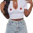 Hilinker Women's Sexy Graphic Crop Tops Short Sleeve V Neck T Shirts Summer Tees White Two Cherry Small (White, S)
