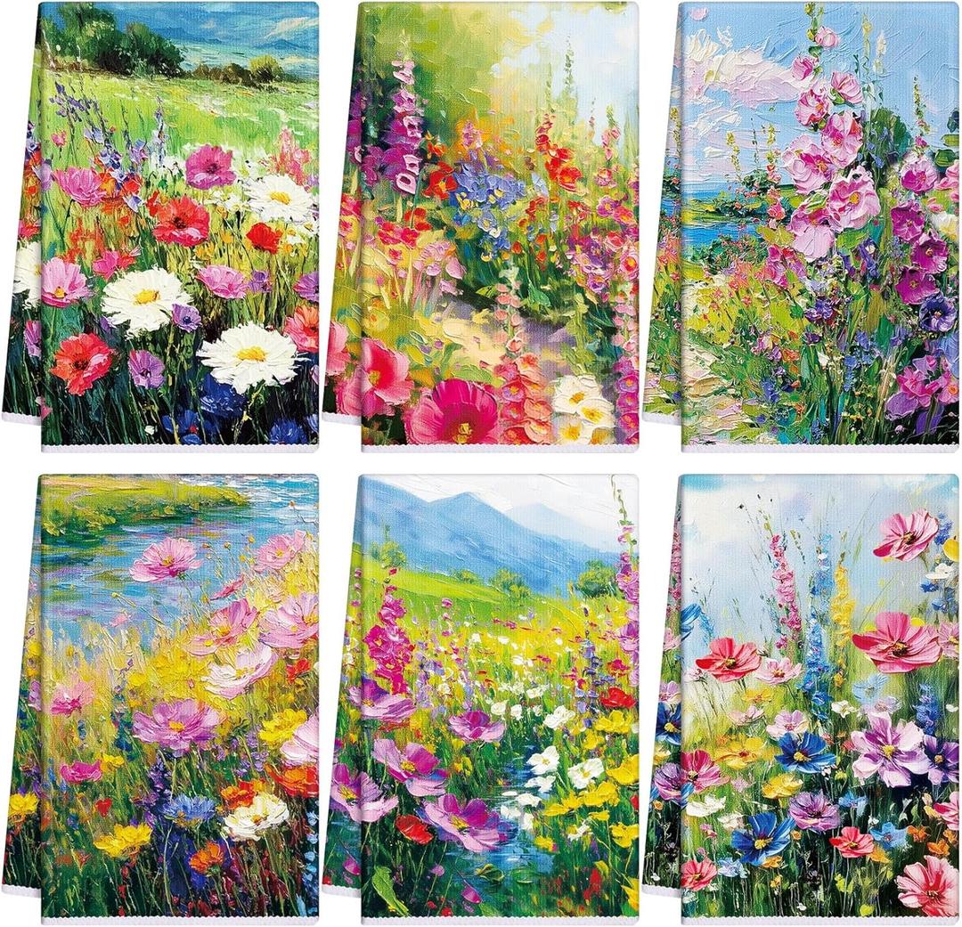 Geyoga 6 Pieces Oil Painting Flowers Kitchen Towels Absorbent Dish Towels Decorative Tea Washcloth for Spring Summer Kitchen Bathroom Home Decor, 16 x 24 Inch(Colorful)