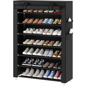 Laiensia 7-Tier Vertical Shoe Rack Organizer, Space Saving Shoe Storage Organizer, Non-Woven Cover Shoe Shelf Holds 28-35Pairs for Bedroom, Hallway, Closet Entryway, Black
