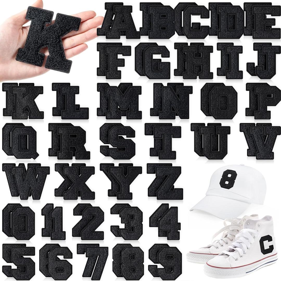 Lyrow 72 Pieces Chenille Letters Patches Iron on 3. 2 H x 2. 2 W Letters and Numbers a to Z Alphabet, Numbers 0 to 9 Embroidery Applique Patch for Clothing Backpacks Hats DIY Supplies(Black)