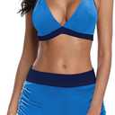 Century Star Two Piece Swimsuit with Boy Shorts Swimming Suits for Women Bikini Set V Neck Bathing Suit Swimwear (Blue, L)