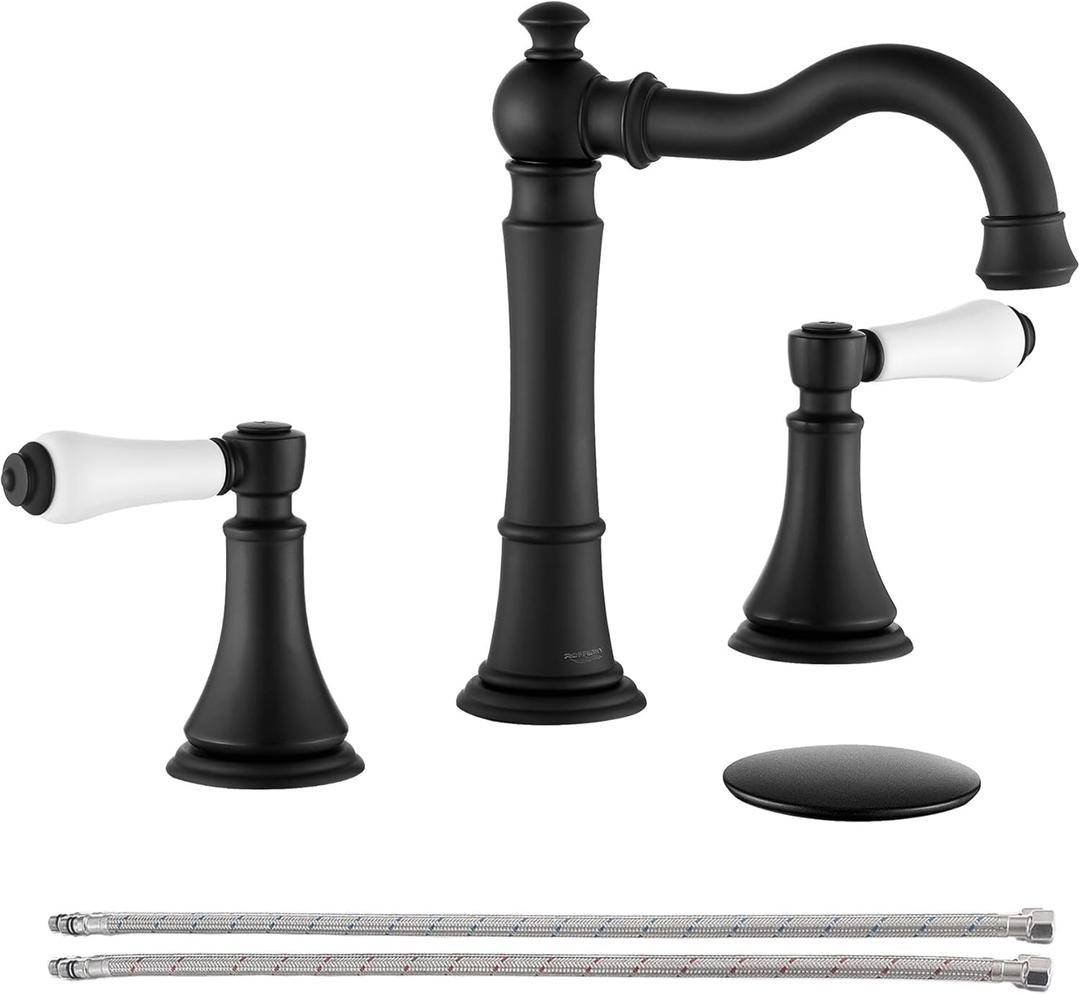 Porcelain 2-Handle Bathroom Faucet Black Matte 8 inch Widespread with Pop-Up Drain & 2Pcs Water Supply Lines, Classical 3-Hole Bathroom Vanity Sink Faucets, High Arc 360 Swivel Brass Spout