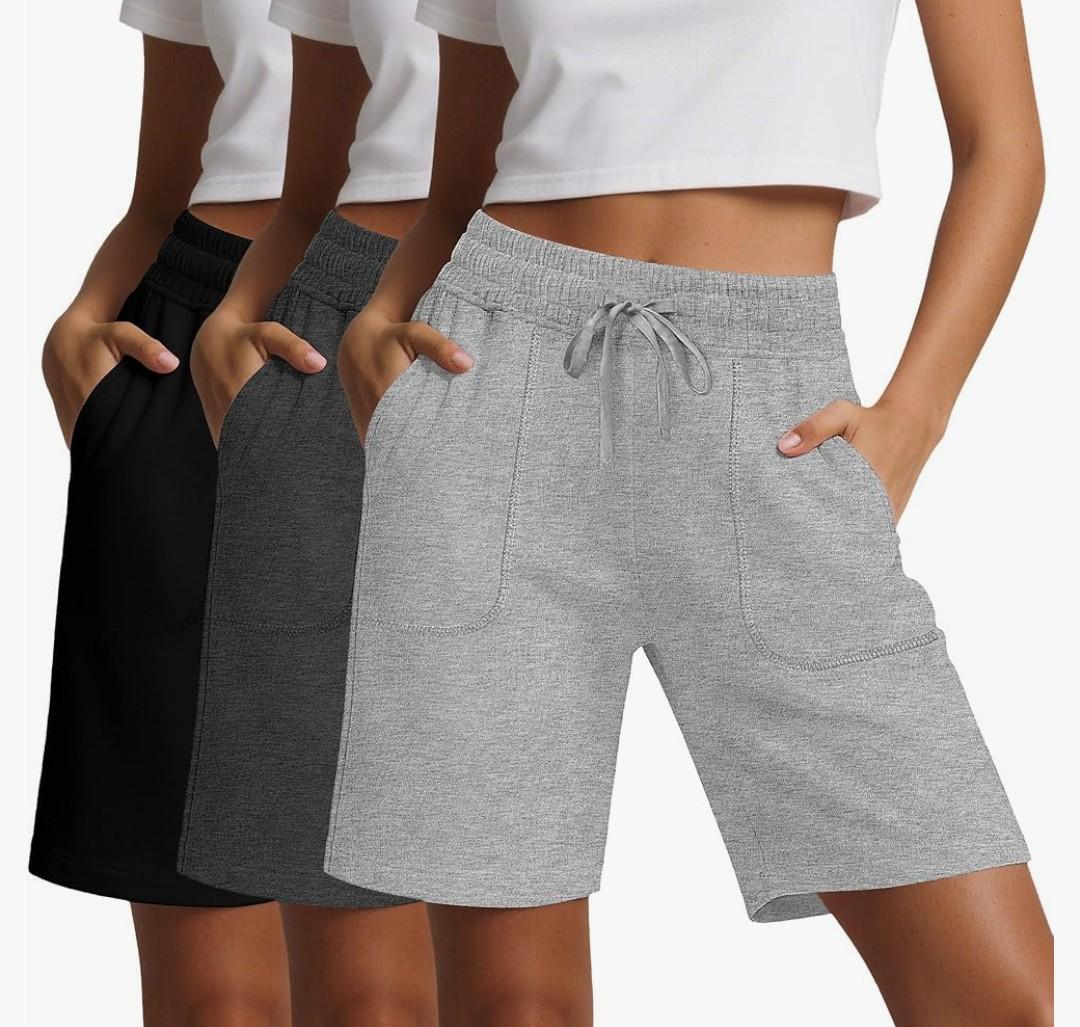 Riyiper 3 Pack Women's Bermuda Athletic Shorts High Waist Drawstring Sweat Knee Length Bottoms with Pockets,3XL, Black, Dark and Light Gray 