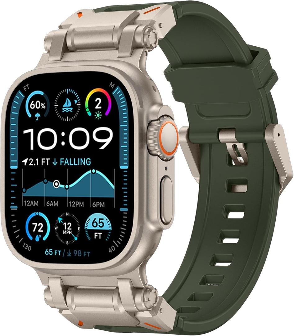 FULLIFE Designed for Apple Watch Band Apple Watch Ultra 3/2/1 49mm for Men, Silicone Rubber Bands with Metal Connector for Apple Watch Series 11/10 46mm, 9/8/7 45mm, SE2/SE 6/5/4 44mm, 3/2/1 42mm (Titanium Adapter-ArmyGreen)