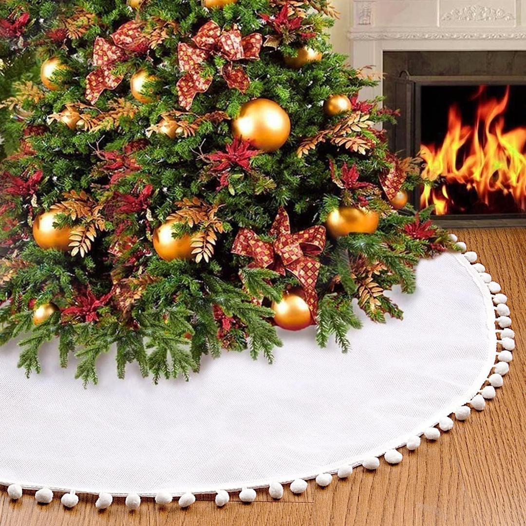 48 inch Large Christmas Tree Skirt White Burlap Double Layers Farmhouse Tree Skirt with Pom Pom Rustic Christmas Decorations