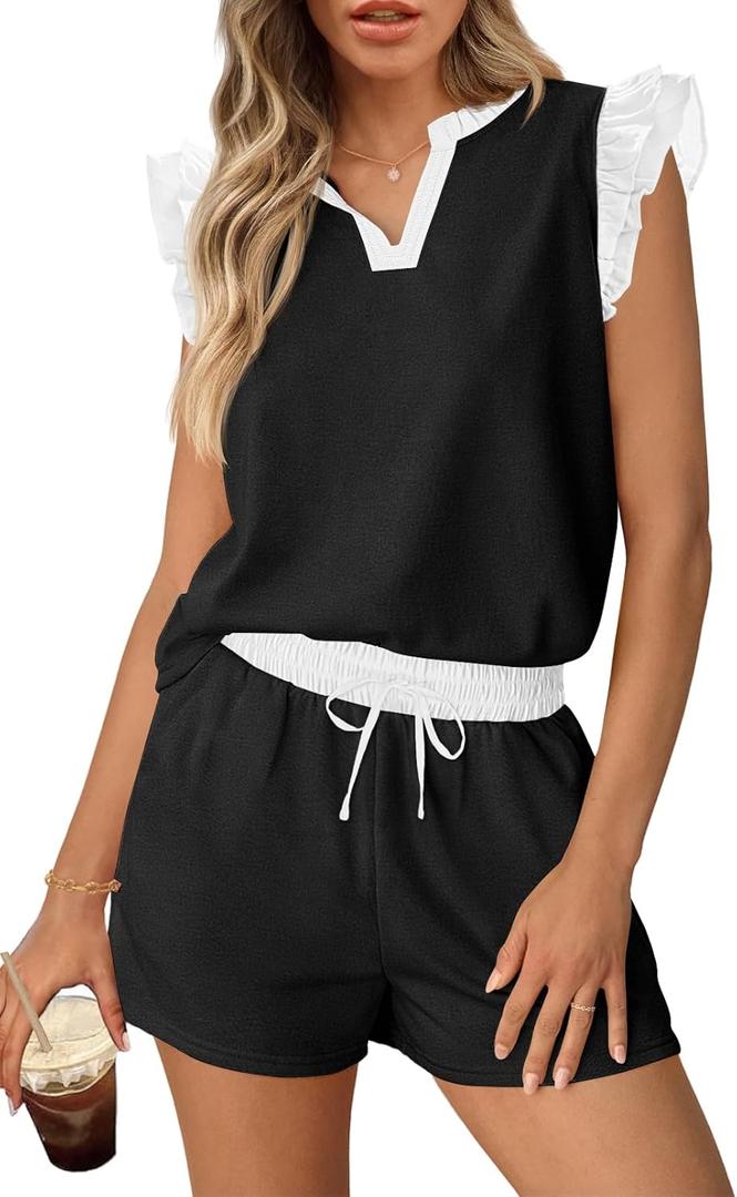 MEROKEETY Women's Summer Two Piece Short Sets Ruffle Sleeve V Neck Cute Tops Matching Lounge Outfits (Medium, Black)