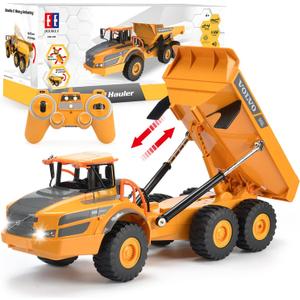 DOUBLE E Volvo RC Dump Truck Toy for Kids, Articulated Hauler, Remote Control Construction Toys Vehicles with Lights, Birthday Gifts Ideas for Boys Age 6 7 8 9 10 Year Old and up, Large