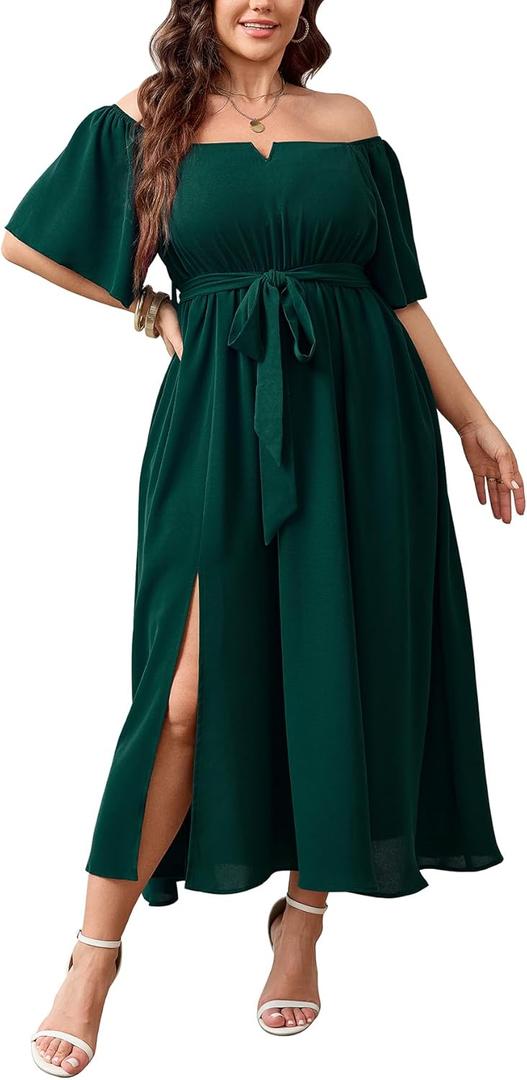 SCOMCHIC Womens Plus Size Formal Dresses Off The Shoulder Wedding Guest Cocktail A-Line Split Maxi Dress with Pockets SCOMCHIC Womens Plus Size Formal Dresses Off The Shoulder Wedding Guest Cocktail A-Line Split Maxi Dress with Pockets