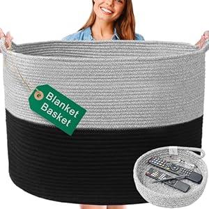 XXXXL WASHABLE 125L Extra Large Durable Soft Blanket Basket, Woven Decorative Cotton Rope Basket with Handles for Laundry, Living Room, Baby Toy Nursery Storage Organization Bin 24" x 17" (Black/ Grey)