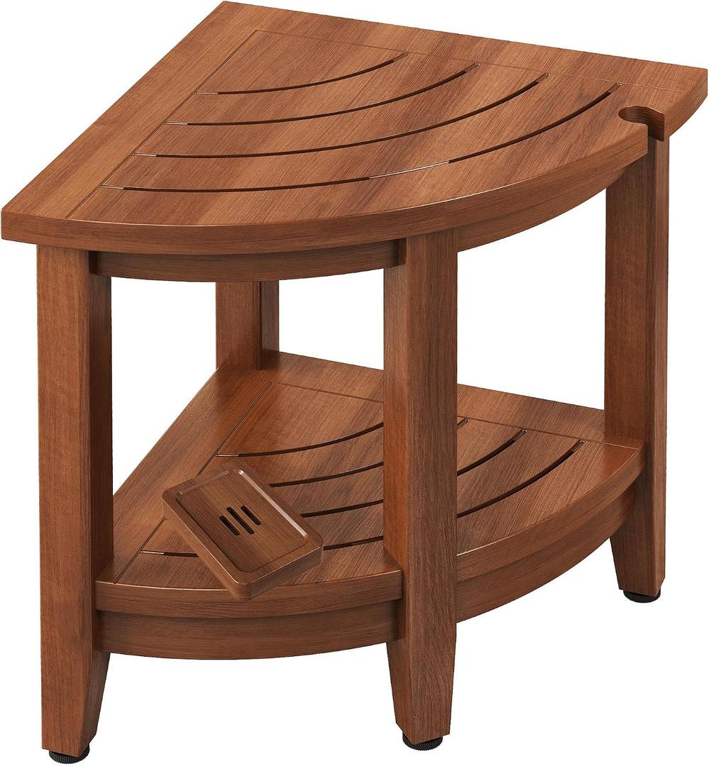 18" Teak Corner Shower Stool, Inside Shower Stool with Storage Shelf, Waterproof Teak Stool for Shaving Legs and to Sit On, 2-Tier Shower Stool,Adjustable Feet, Non-Slip, Brown