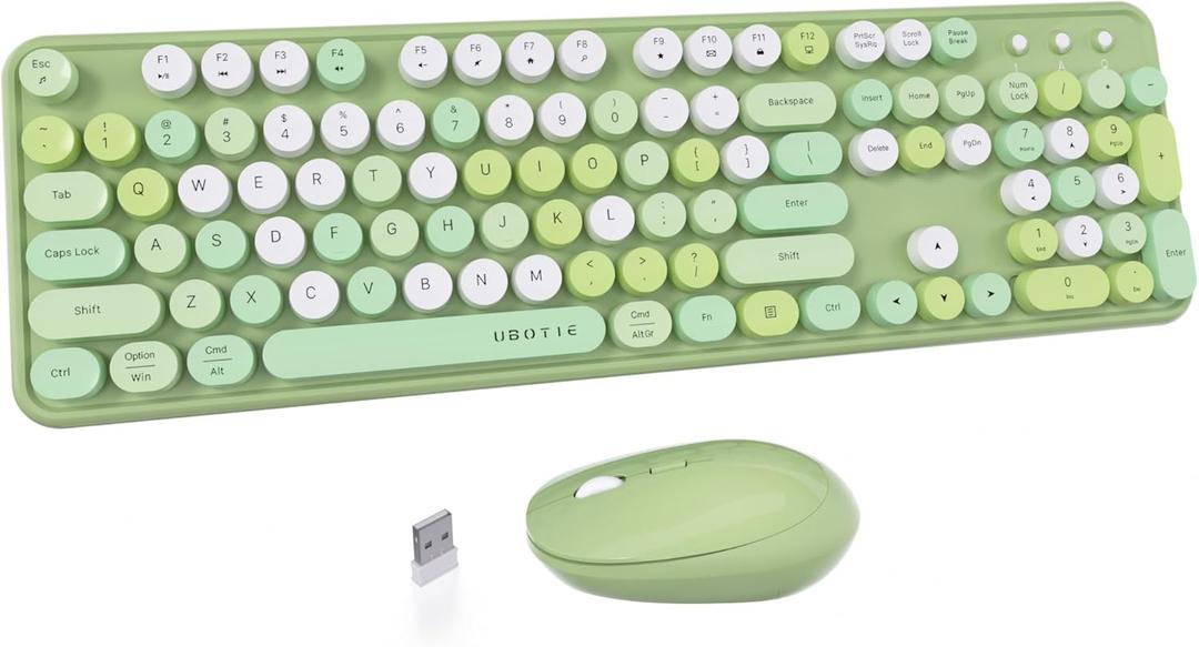 UBOTIE Colorful Wireless Keyboard and Mouse Combos, Retro Typewriter Floating Flexible Full-Sized Keys Computer Keyboard with Optical Mouse, 2.4GHz USB-A Connection for Windows Mac (Green-Colorful)