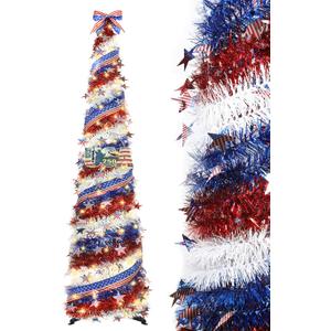 HMASYO 4th of July Decorations 6 FT Pop Up Patriotic Tinsel Tree with 100 Timer Lights – USA 250th Anniversary Decorations Merchandise Collapsible Pencil Tree for Home Office Independence Day Decor