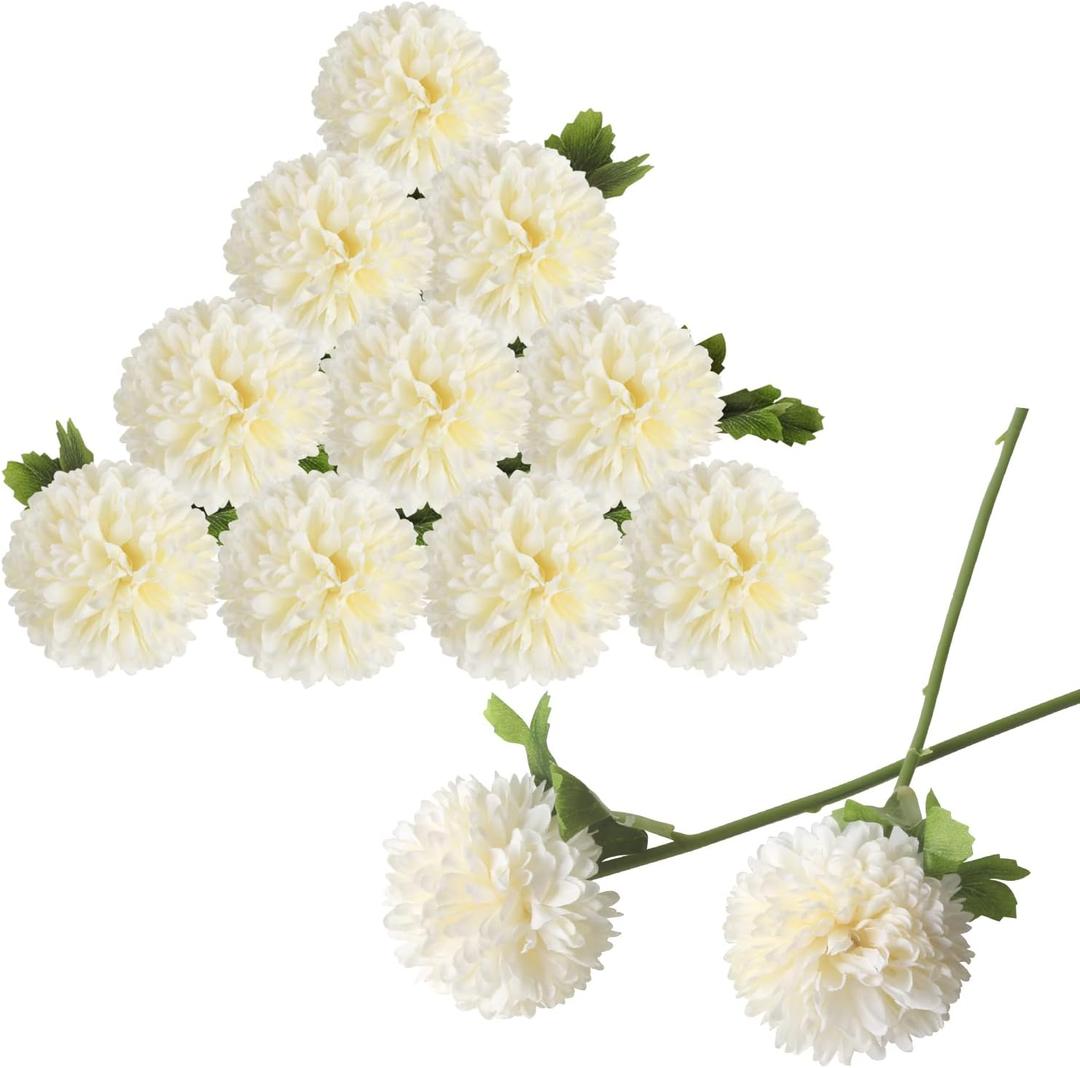 CCINEE 12Pcs Artificial Flowers Chrysanthemum Ball, Silk Floral Arrangement Fake Flowers Bouquet Long Stem Hydrangea for Home Office Coffee House Parties and Wedding Decor (White)