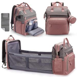 DERJUNSTAR Diaper Bag Backpack  Large Capacity Baby Diaper Bag with Changing Pad for Dad and Mom, Waterproof Travel Backpack, Multi-Function Bag with USB Charging Port, Rose Pink