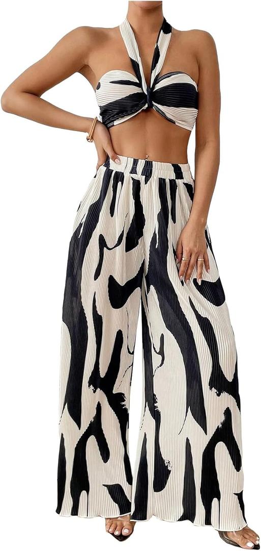 OYOANGLE Women's 2 Piece Vacation Outfits Graphic Print Knitted Crop Halter Top and Wide Leg Pants Set (Black, S)