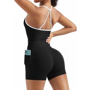 OMKAGI 2 Piece Workout Sets for Women Padded Sports Bra Tank Booty Gym Shorts with Pockets(M, 284-Black White Piping)