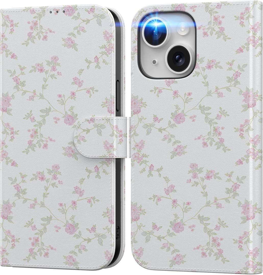 DEENAKIN for iPhone 15 Plus Wallet Case with Card Holder + Cash Clip, RFID-Blocking, Military-Grade Drop Protection & UV-Printed Artwork, Magnetic Closure with Leather Kickstand - Pink Petite Blossom
