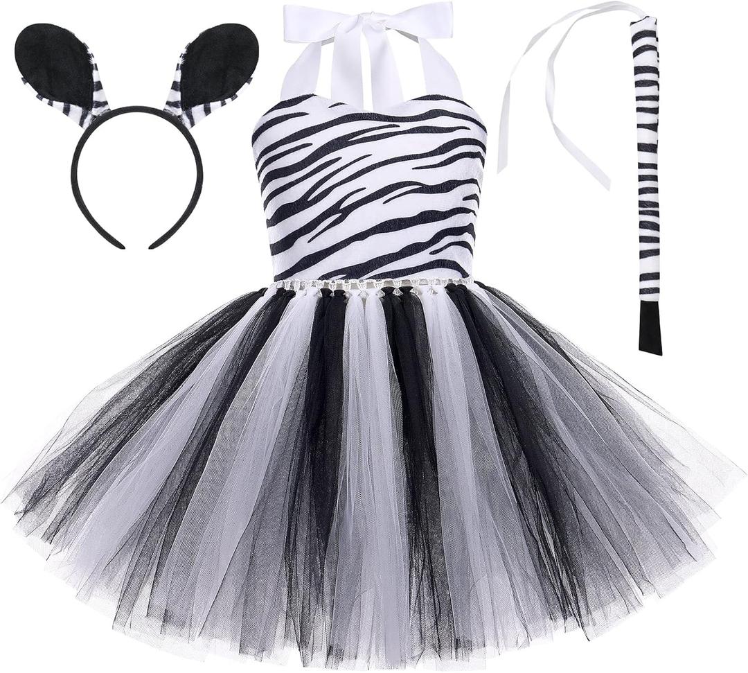 IWEMEK Girls Zebra Cosplay Costume 3pcs with Ears Headband Tail Animal Fancy Costume Kit Halloween Cosplay Birthday Party Outfits Baby Girl Jungle Themed Cosplay Dress Christmas Zebra 6-12 Months