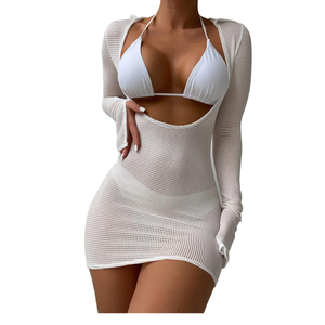 Lilosy Sexy Long Sleeve Mesh Swimsuit 3 Pieces Cover Up Bikini Set, Size L