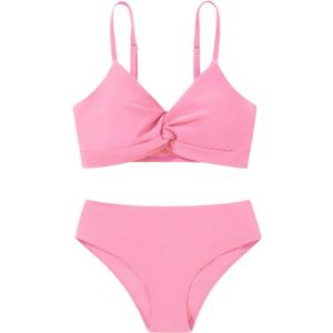 ESHOO Girls Swimsuits Tankini Bathing Suit 2 Piece Bikini Sets Girls Criss Cross Swimwear with Chest Pad for 9-10 Years (Pink)