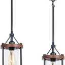 Farmhouse Pendant Light, Rustic Walnut Wood Metal Cage Hanging Light Fixtures with Glass, Adjustable for Flat and Slop Ceiling, Pendant Lighting for Kitchen Island Foyer Hallway,2-Pack