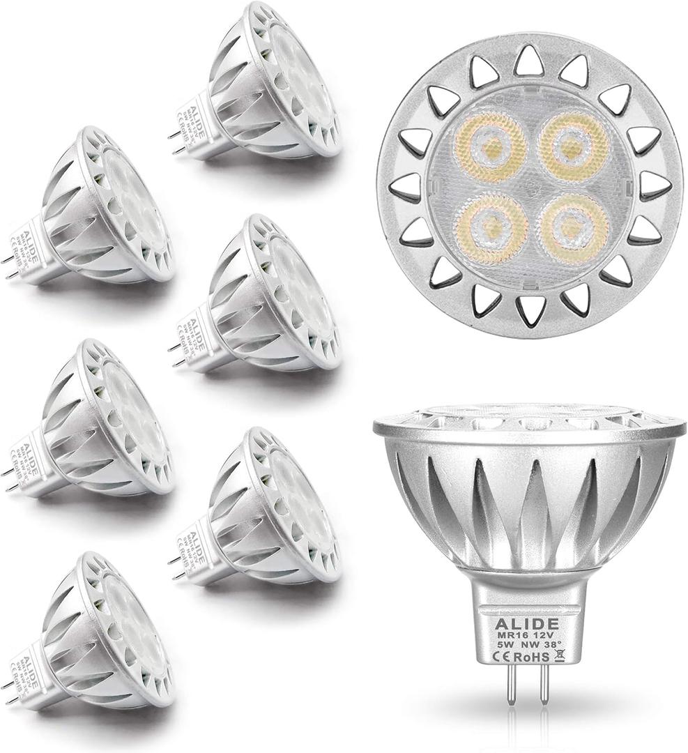 ALIDE MR16 GU5.3 Led Bulbs 5W 4000K Neutral/Natural White,20W-35W Halogen Equivalent,12V MR16 Low Voltage Bulbs for Outdoor Landscape Flood Ceil Track Lighting,Not Dimmable,450lm,38 Deg,6 Pack