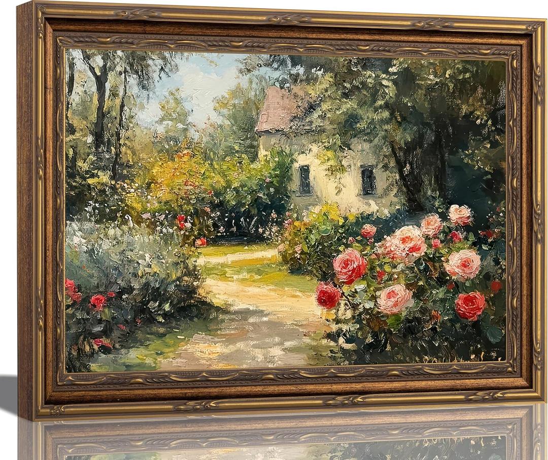 Gold Framed Vintage Rose Garden Canvas Wall Art English Cottage Floral Landscape Painting Picture Wall Decor Nature Rustic Farmhouse Poster Print Artwork for Living Room Bedroom Dorm Bathroom 9x11in