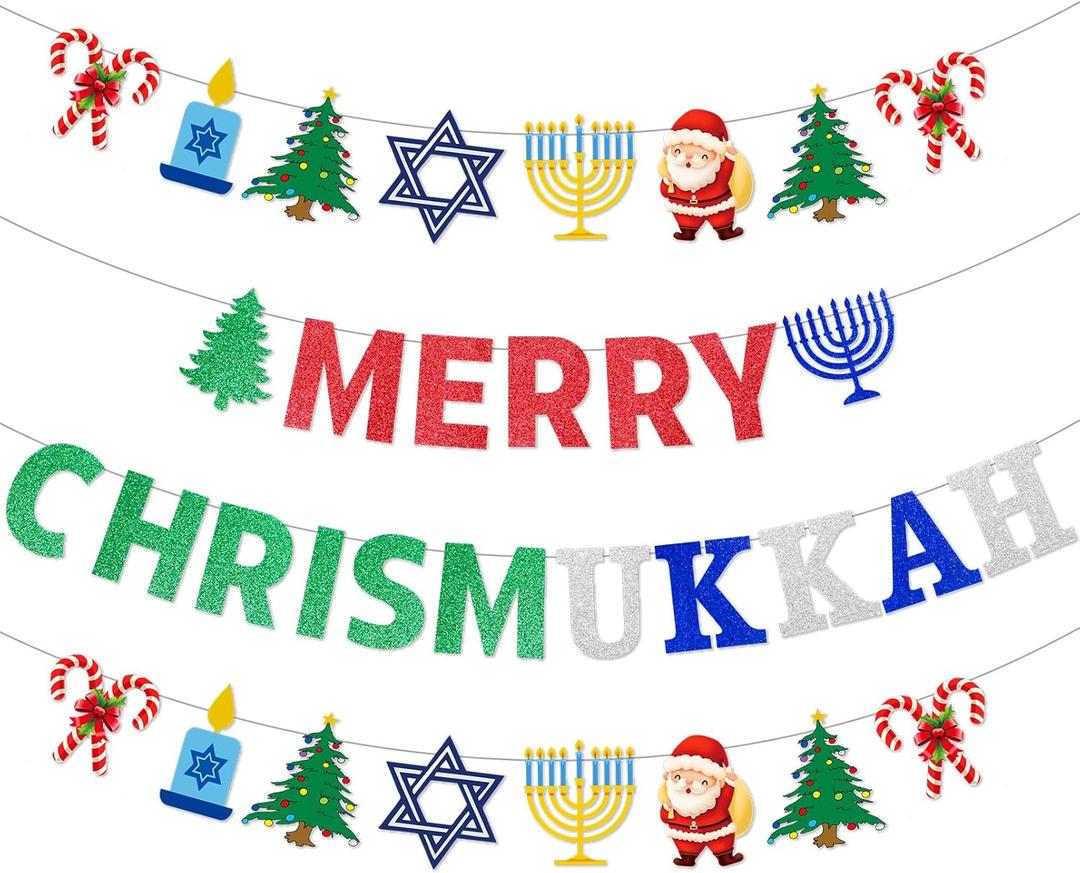 4 Pack Merry Chrismukkah Banner Christmas & Hanukkah Mixed Decorations for Merry Chrismukkah Christmas Xmas Happy Chanukah Festival Holiday Party Decor Supplies Home Classroom Office[Pre-strung]