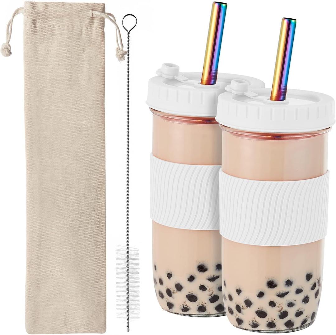Amyoole 2 Pack Reusable Boba Cup,24Oz Wide Mouth Smoothie Cup,mason Jar Glass Cups with Lids and Straws,Bubble/Boba Tea Cups,Ice Coffee Tumbler 2 Colored Straws 1 Sponge Brush(White)