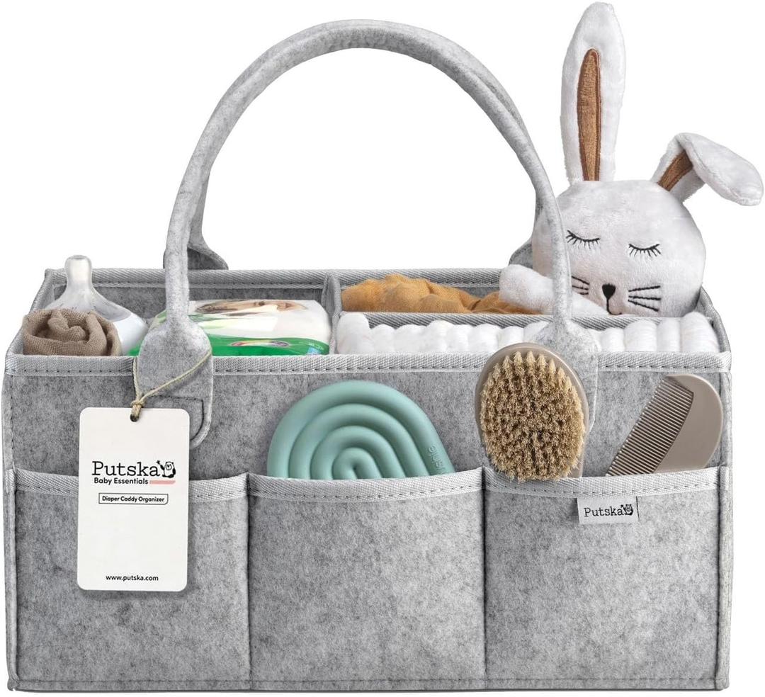 PUTSKA Nursery Storage Basket - Baby Diaper Caddy Organizer for Diaper Station, Newborn Essentials, Baby Shower Gifts and Registry Must-Haves for Boy or Girl (Large, Grey)