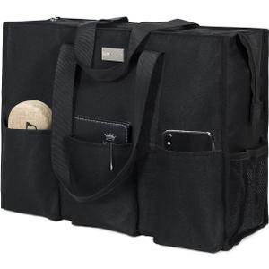 TOPDesign Utility Water Resistant Tote Bag with 13 Pockets, Top Zipper Closure & Thick Bottom Support, for Working Women (Medium, Black)