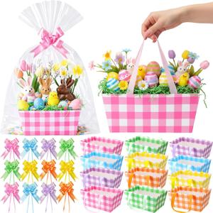 Funnymoom 12 Pcs Easter Basket for Gifts Empty with Cellophane Bag & Ribbon Bow Purple Green Pink Easter Plaid Gift Wrapping Basket for Spring Birthday Wedding Party Favor Supplies 9.8 x 6.5''