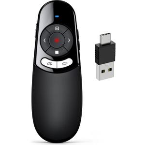 DINOSTRIKE 2 in 1 Type C and USB Presentation Clicker for Powerpoint Presentations,RF 2.4GHz Wireless Presenter Remote Slide Advancer with Volume Control for Mac Laptop Computer Office Classroom