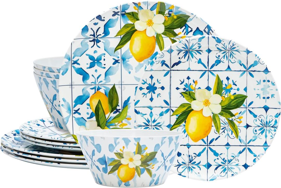 Melamine Dinnerware Sets- 12pcs Melamine Plates and Bowls Set for 4, Suitable for Indoor and Outdoor Use, Blue