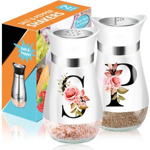 Salt and Pepper Shakers Set, 4 oz White Kitchen Accessories, Stainless Steel & Glass Spice Dispenser Classic, Refillable Design, Farmhouse Salt Pepper Shakers Cute Kitchen Decoration