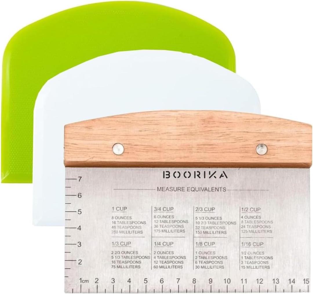 Dough Scraper & Bench Scraper Kitchen Stainless Steel Sourdough Tools Dough Cutter for Sourdough Bread, Pizza, and Flat Top Griddles Chef Approved, Light, Wood Handle