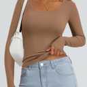 PRETTYGARDEN Square Neck Long Sleeve Shirts for Women | Soft Stretchy Ribbed Knit Basic Tees,Business Casual Work Tops,Layering Undershirt,Trendy Going Out Fall Outfits 2026 (Brown)