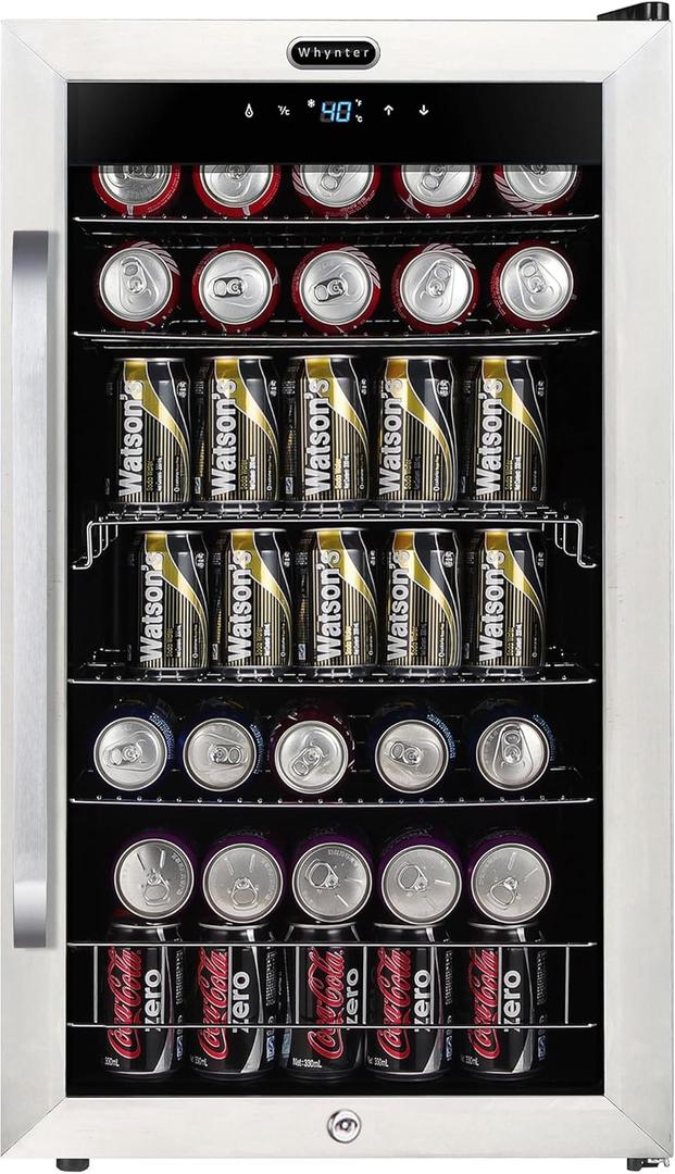 Whynter Beverage Refrigerator with Double-Layer Glass Door, 136-Can 3.4 Cu. Ft. Drink Mini Fridge with Lock & Digital Control, BR-1211DS, Stainless Steel