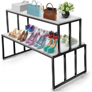 2-Tier Display Table with White Wood Top & Black Metal Frame, Heavy-Duty Retail Display Stand for Boutique, Shoes & Handbag Display Stand Store Display & Home Storage Shelves Retail Shelving
