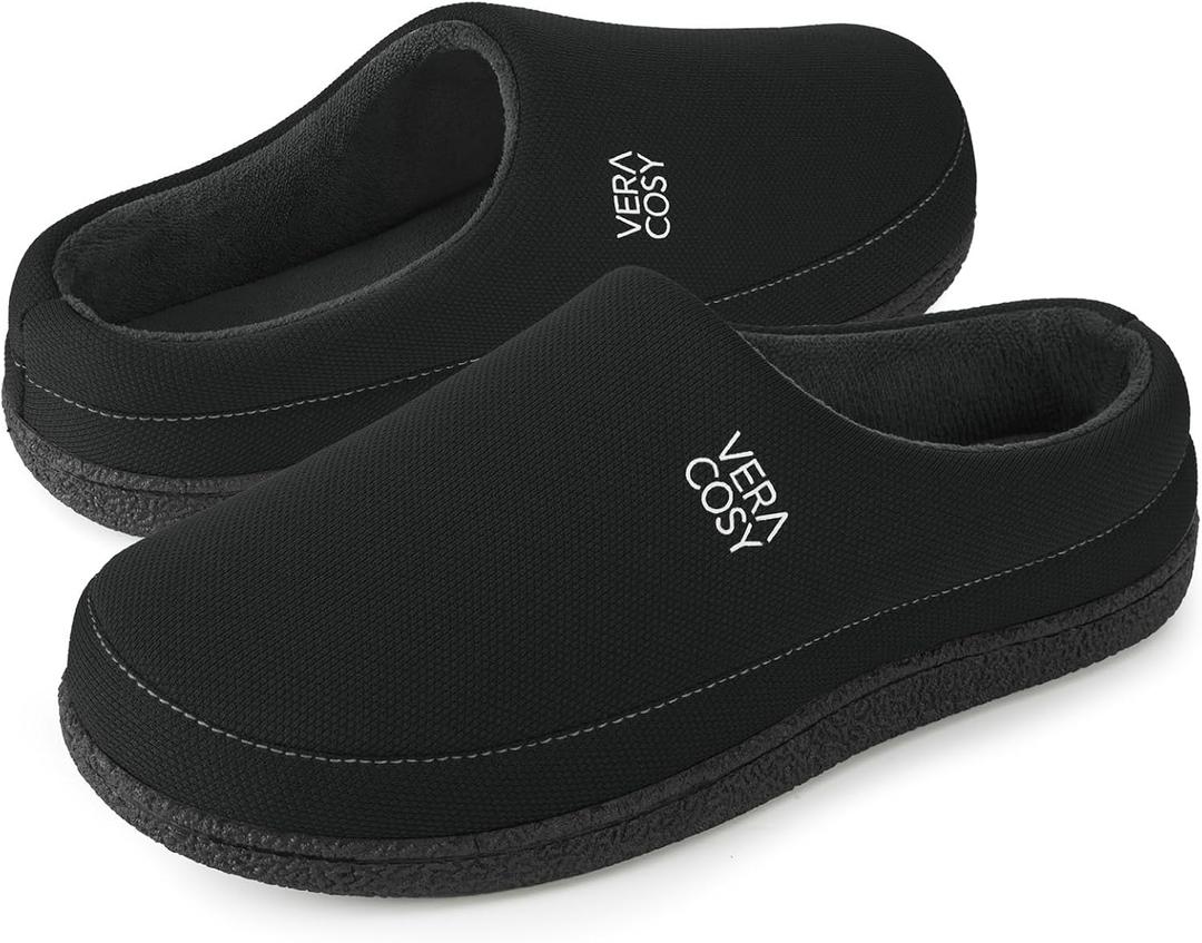 VeraCosy Men's Cozy Knit Slipper Breathable Memory Foam Indoor House Shoes with None Slip Rubber Sole (9-10, Dark Black)