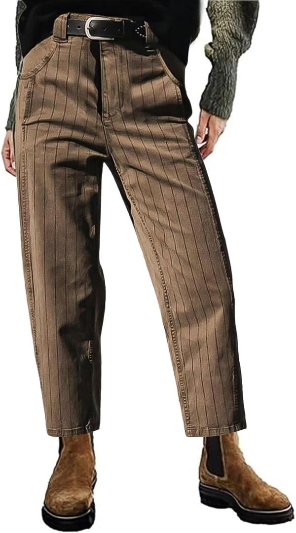 Flamingals Straight Leg Mid Waist Vintage Cropped Stripe Barrel Stretchy Jeans Without Belt (X-Large, Khaki)