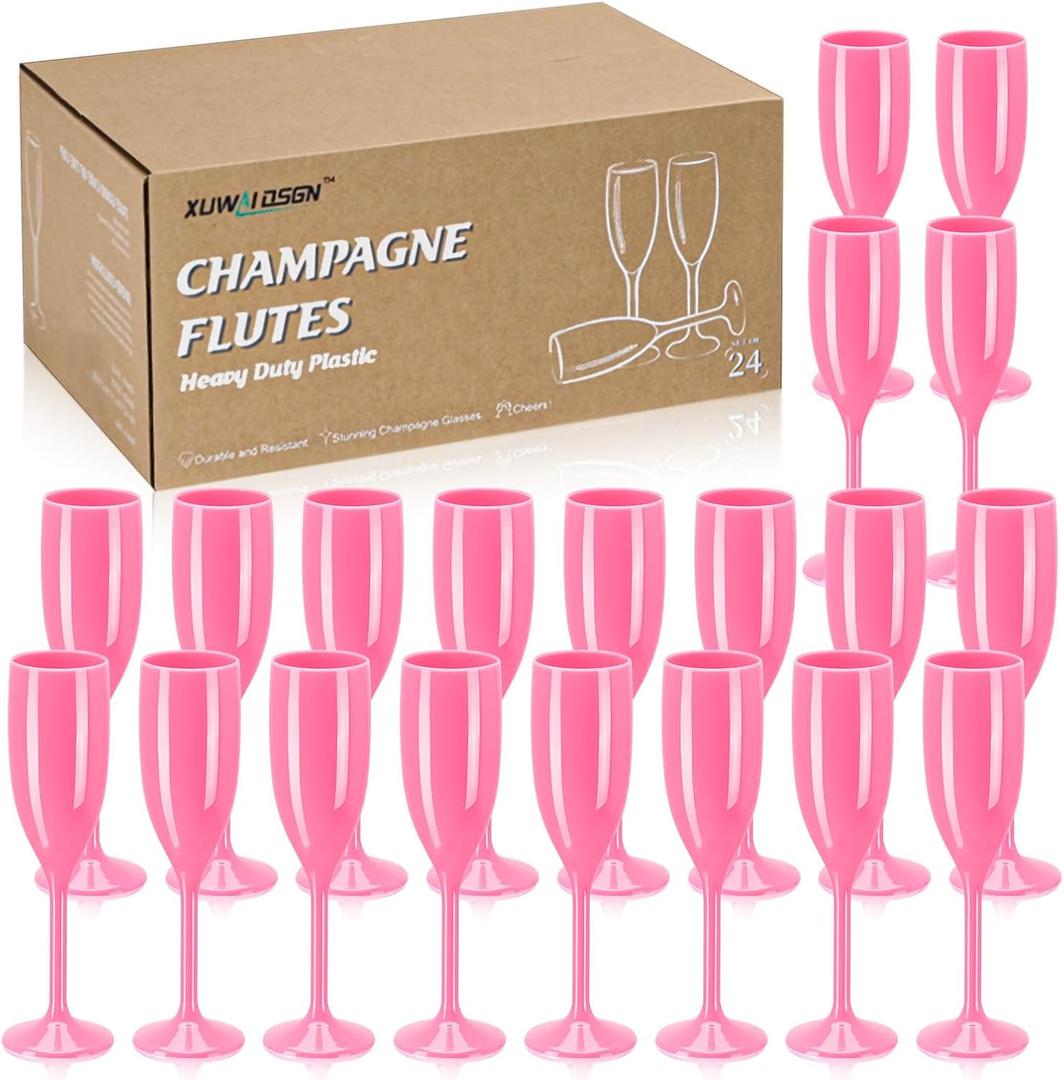 XUWAIDSGN Champagne Flute Acrylic Champagne Glasses Wedding Toasting Champagne Flute Goblet Plastic Reusable Unbreakable Champagne Cups for Bachelorette Wedding Bridal Shower Party (Pink, 24)