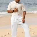 Men's Linen Pants Lightweight Drawstring Elastic Waist Pockets Loose Fit Straight Legs Summer Beach Yoga
