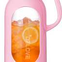 Delove 68 oz/ 2 Liter Glass Pitcher with Shatterproof Shell - Heat Resistant Glass Liner - Stainless Steel Lid - Carafe & Jug for Iced Tea, Hot/ Cold Water, Homemade Juice Beverages (Pink)