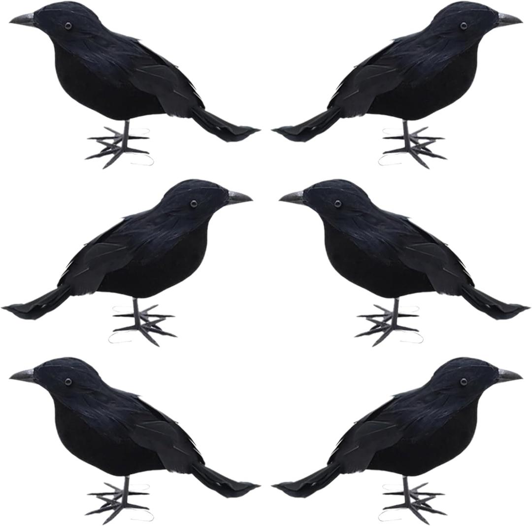 6 PCS Halloween Black Crows,7x4inches Realistic Feathered Ravens Prop for Indoor&Outdoor Foam Black Crow for Halloween Decoration SuppliesLook Ahead 6 PCS