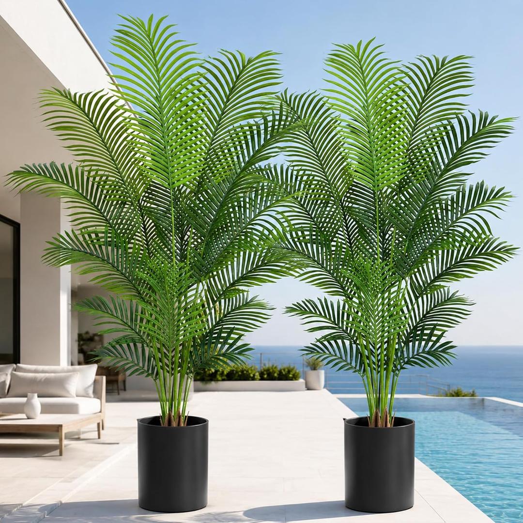 Artificial Palm Tree 6.2ft Tall Fake Palm Tree Indoor Decor with 18 Trunks and Real Bark Design Faux Tropical Areca Palm Silk Floor Plant in Pot for Home Office Living Room Bedroom Decor 2pcs