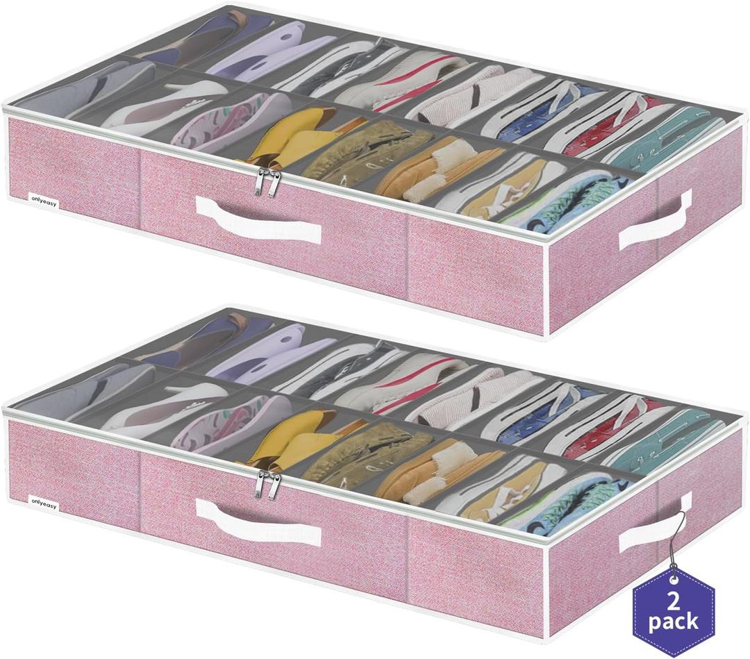 Onlyeasy Large Under Bed Shoe Organizer Container Box, Set of 2, Fit 16 to 32 Pairs of shoes, Underbed Shoes Closet Storage Solution, L37.7x W23.6x H5.9 inch, Cotton-like Pink, MXPUBS16P2