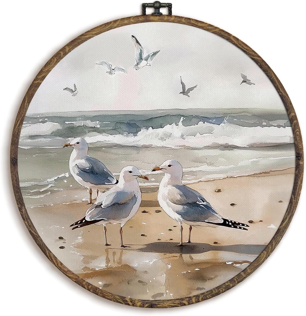 KFXHANGD Seagulls Beach Round Wall Art Framed, Coastal Seagulls Canvas Wall Art Decor,Vintage Beach Sea Ocean Seagull Hanging Decor for Kitchen Bathroom Living Room Beach House, 10x10inch (bird)