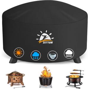 Zettum Fire Pit Cover Round 44 Inch - Outdoor Firepit Cover Heavy Duty & Waterproof, 600D Patio Fire Table Cover Gas Fire Pit Accessories Fade & Weather Resistant - 44 x 44 x 24 Inch